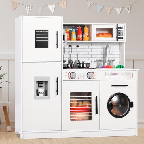 MAMIZO Play Kitchen for Kids, Wooden Chef Pretend Toy Kitchen w/Washing Machine, Water Dispenser, Stove, Real Sound & Light, Telephone, Range Hood, Oven, Sink for Toddler Preschooler Age 3+ (White)