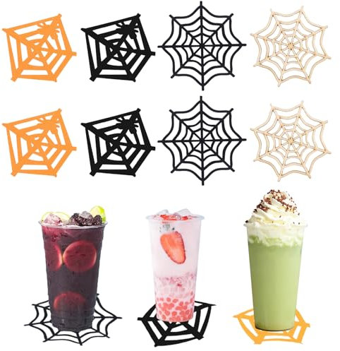 Sottobicchieri, 8 Ragnatele Sotto Bicchieri Da Tavola Sottobicchiere Diametro 10 Cm/3.94inch 6 Feltro E 2 Legno Decorazioni Per Le Vacanze Pulibile Tappetini