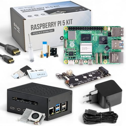 Raspberry Pi 5 4GB PCIe M.2 NVMe - Set | 64GB Edition | Metallgehäuse | Active Cooler | M.2 NVMe SSD PCIe Board | 27W Netzteil | Ideal für Smart Home, Retro Gaming und Home Assistant