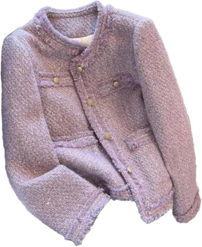 Vagbalena Women's Spring Elegant Purple Tweed Jacket Business Office Short Long Sleeve Blazer Vintage O Neck Metal Single Breasted Coat