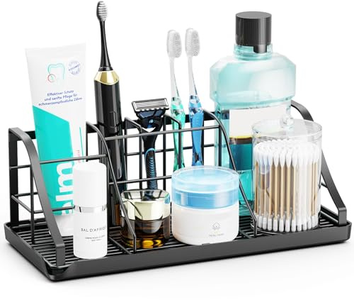 CHONLY 7 Slots Toothbrush Holder, Stainless Steel Toothbrush and Toothpaste Holder, Black Electric Toothbrush Holder, Detachable Drain Tray Bathroom Storage, Bathroom Organiser for Family