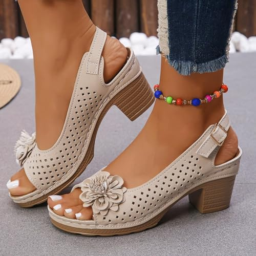 Générique Chaussure Femme été Confortable, Sandales à Talons Hauts Avec Fleurs, Compensées, Bout Ouvert, Plateforme Respirantes, Orthopédique