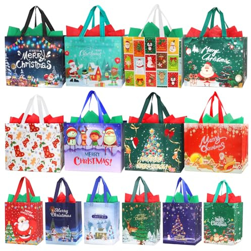 14 Pack Christmas Bags for Gift Assorted Sizes with Tissue Paper, Non-woven 8 Large & 6 Medium Reusable Xmas Party Tote Bag With Handle For Friends Family Kids Present Wrapping,Waterproof