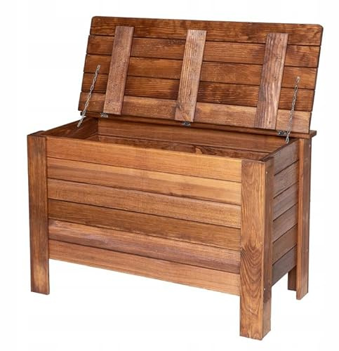 STOLMAK Arcón de Jardín 166 L Madera Maciza de Pino 80x52x40 cm Marrón Caja de Almacenaje para Cojines Baúl Terraza Muebles de Jardín Resistente