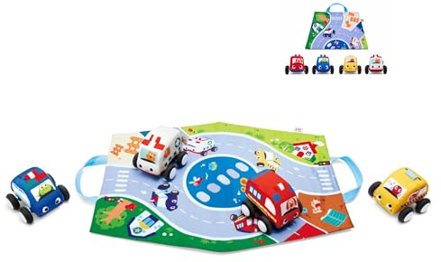 Hape Set auto di peluche con motore a ritiro, composto da camion dei pompieri, auto della polizia, ambulanza e taxi con custodia pieghevole – allo stesso tempo tappetino da gioco