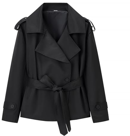 Generisch Trench corto da donna per lavoro, cappotto corto, transizione, elegante, giacca doppiopetto con cintura, trench coat colletto alto, giacca a vento leggera con bottoni, tinta unita, O nero