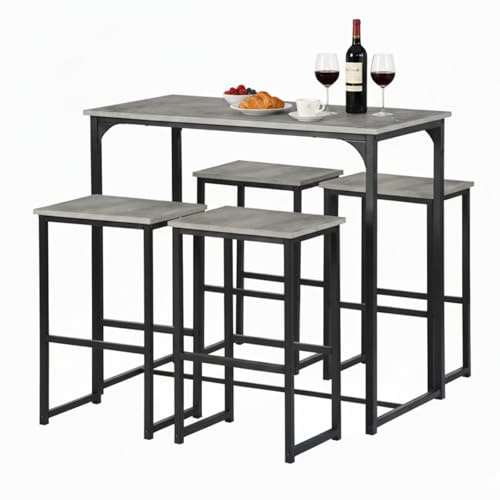 GOKHOMX Ensemble Table a Manger avec 4 Chaises, Table Haute Cuisine Mange-Debout avec 4 Tabourets, pour Petit Espace Cuisine Salle à Manger Salon Bar ou Balcon (Gris Vieilli et Noir)