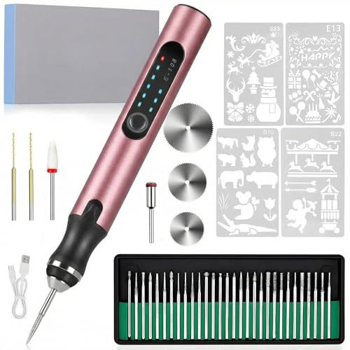 Cordless Engraving Pen, 3-Speed Electric Engraving Tool Kit, Engrave 50+ Surfaces, with 30 Small Drill bits, 7 Grinding Accessories and 5 Engraving Templates, USB Charging for Soft Wood Resin Jewelry