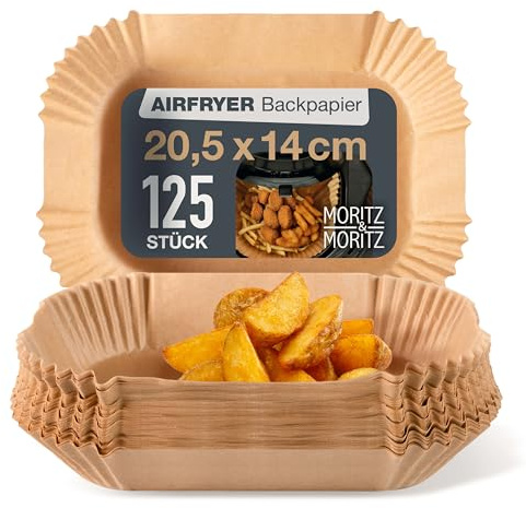 Moritz & Moritz Airfryer bakpapper rektangulär 20,5 x 14 cm – paket med 125 engångsfoder med kanthöjd 4,5 cm – non-stick och fettavvisande – upp till 220 °C – för 4-5 L korgar, perfekt för dubbla