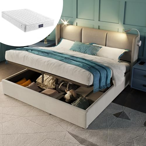 CelticHearth Sängklädsel, 160 x 200 med madrass, sänglåda, ribbotten, lä med USB-laddningsfunktion, förvaringssäng, dubbelsäng av linne, beige