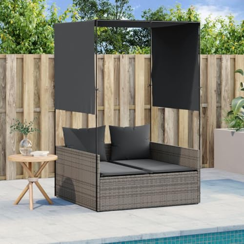 Yisssmeng Double Sun Lounger Grey 43.3 x 46.5 x 73.6 in Outdoor Chaise Lounge with Adjustable Roof & Curtains PE Rattan Patio Lounge Chair 2 Person Beach Chair for Garden Terrace