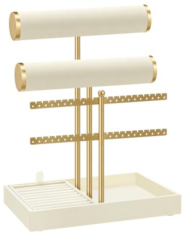 SONGMICS Soporte para Pulseras, Expositor de Joyas, Organizador de 2 Niveles y Bandejas de Terciopelo, Soporte para Pendientes, Soporte para Anillos Desmontable, Blanco Crema y Oro Pálido JJS046W101