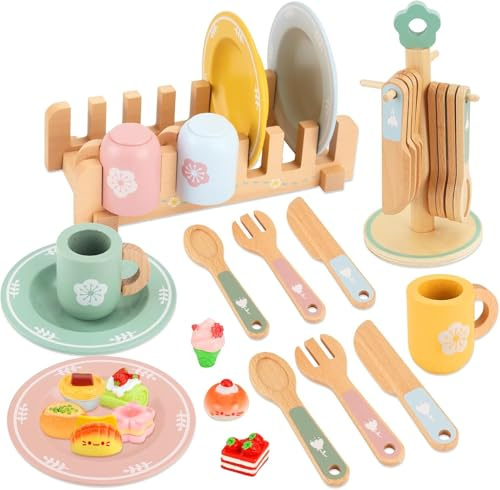 TOSUTO Barnkök servis teservis barn trä, barnkökstillbehör trä, lekkök barnkökstillbehör med koppar, tallrikar och bakverk, tepartyset för pojkar och flickor från 3 år