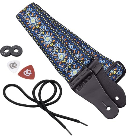 KLIQ Sangle de guitare vintage tissée pour guitare acoustique et électrique | Style Hootenanny jacquard des années 60 | 2 verrous de sangle en caoutchouc inclus (Classic-Hendrix Blue)