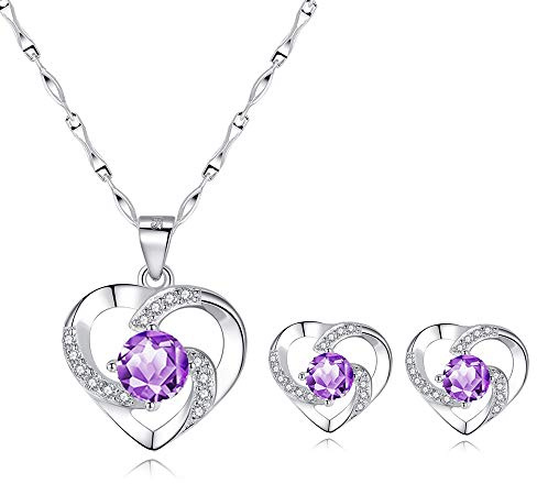 wynn's Silver Jewellery Set for Women, 925 Sterling Silver Heart Stud Earrings, 45cm Silver Necklace Pendant Set with Purple Cubic Zirconia, Gift for Girlfriend Mother Wife