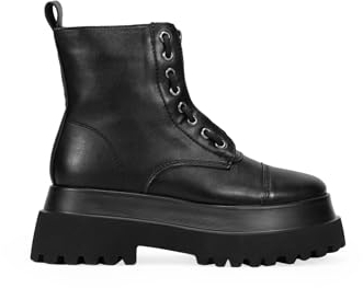 BOSANOVA Botas Militares de caña Baja con Cremallera Central, Detalle de Cordones y Suela Track de 6,5 cm. Cierre con Cremallera. Calzado para Mujer Negro 38