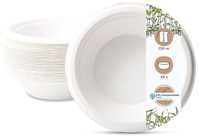 BIOZOYG Einwegschalen 50 Stück 250 ml Ø 16 cm weiß - Suppenteller aus Zuckerrohr Partygeschirr Einwegteller Suppenschalen - Bowl Pastateller, tiefe Teller stabil