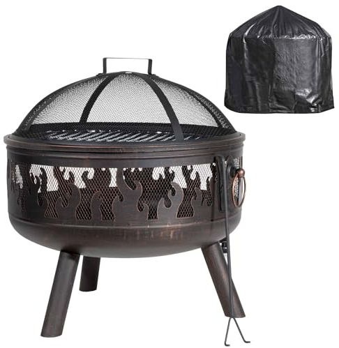 Dellonda Deluxe 24 Fire Pit, Fireplace, Outdoor Patio Heater, Decoration Rings, Supplied with Cooking Grill, Safety Screen, Poker & Cover - DG242