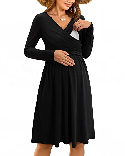 OUGES Womens 2025 Maternity Dress Midi Breastfeeding Dresses for Women UK V-Neck Nursing Baby Shower Clothes-L Black