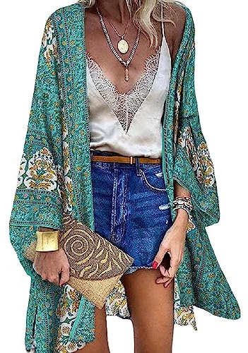 Cárdigans Kimono Floral Manga Larga Mujer Camisola Casual Gasa Pareo de Playa Ropa de Baño Verano Blusa Suelta Boho Bikini Cover Up Caftan Chaqueta Chal