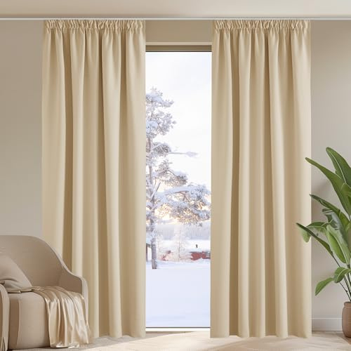 PONY DANCE Blackout Pencil Pleat Curtains, Biscotti Beige, W66 x L84 Inch | Thermal Insulated Curtains with Noise Reducing & Privacy, Luxury Soft Window Treatment for Bedroom & Living Room, 2 Panels