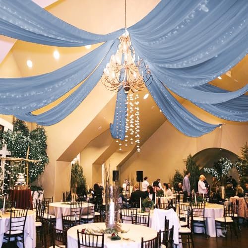 REWOMC 6 Panels Dusty Blue Ceiling Drapes for Wedding 5ftx20ft Chiffon Fabric Arch Draping Curtains Sheer Drapery for Party Ceremony Birthday Baby Shower Reception Stage Swag Ceiling Decorations