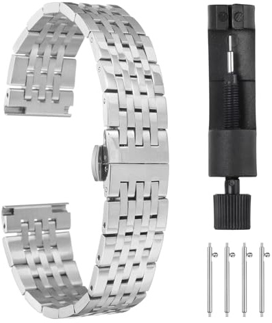 QUARKZMAN 19mm Correas de Reloj de Acero Inoxidable con Cierre de Mariposa de Doble Presión, Reloj Correa Metal Acero Sólido Cadena Repuesto con Extremos Curvados, Tono Plateado