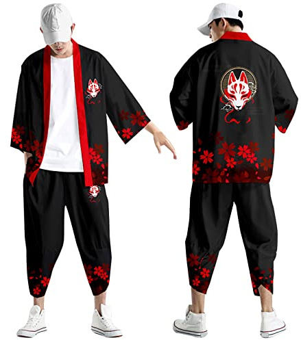 Traditional Kimono Set for Men Japanese Kimono Cardigan Suit Japanese Style Kimono Mens Pajamas Suit Long Sleeve Cardigan Trousers Set Seven Quarter Sleeve Open Front Cardigan & Trousers Suits