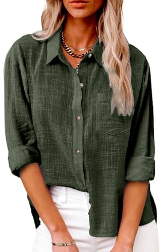SHEKINI Camicia Lino Donna Camicetta da Donna Elegante Maniche Lunghe Cotone Blusa Maglietta Scollo a V Top Camicette Abbigliamento Donna Ufficio Casual