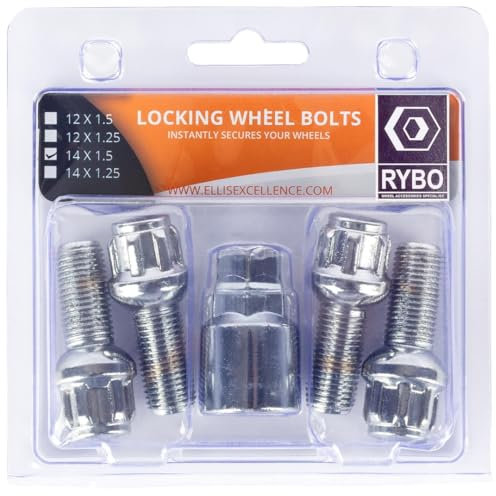 RYBO Juego de 4 pernos de bloqueo de rueda de aleación M14 x 1,5 (cromados, 35 mm de longitud de rosca)
