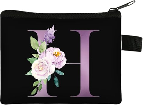 FAVORTALK Purses for Women Soft Coin Bag Small Coin Purse and Card Holder with Zipper Black Change Pocket for Girls Boys Floral Coin Bags with H Letter - 43410