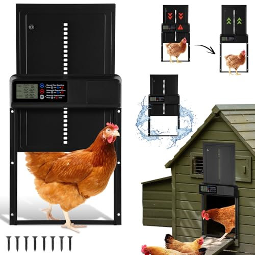 Fiqops Aluminum Automatische Hühnerklappe Batterie, Elektrische Hühnerklappe mit Wasserdicht Großes Display, Timer, Hühnerklappe Automatisch Hühnertür, Intelligenter Einklemmschutz, Schwarz