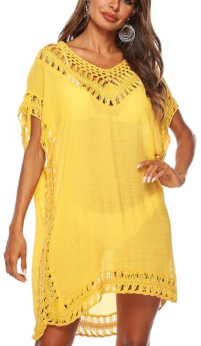 YKDLLF Badkläder för kvinnor med lång sommarskjorta bomull blus sexig spets strand kimono hals för kvinnor öppen och transparent morgonrock med fransar perfekt för semester, Gul, one size