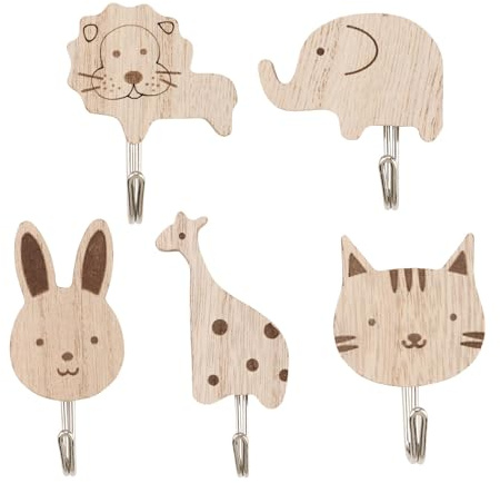Jesiah 5PCS Wooden Animal Wall Hooks, Cute Animal Kids Coat Hooks Self-Adhesive Towel Hanger Wall Mounted Hanger for Towels Bags Hats and Coats Bedroom Decor