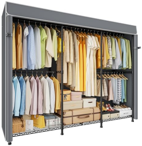 ULIFHOME E14C Pro Heavy Duty Closet Organizer System，Freestanding Clothing Racks for Hanging Clothes，Adjustable Garment Rack 69 W × 16 D × 77 H Hold 960 lbs，Black Rack with Grey Dustproof Cover