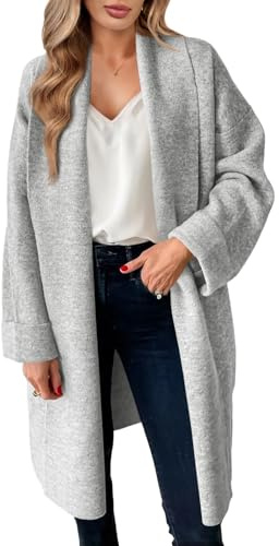 Saodimallsu Cardigan Long et léger pour Femme - Grande Taille - Ouvert à l'avant - Décontracté - Couleur Unie - Automne et Hiver, Gris Clair, S