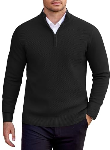 COOFANDY Jersey Cremallera Hombre Invierno Punto Suéter para Hombre Cálido Jerseys Cuello Alto Pullove Clásico Jerséis Hombres Slim Fit Negro M