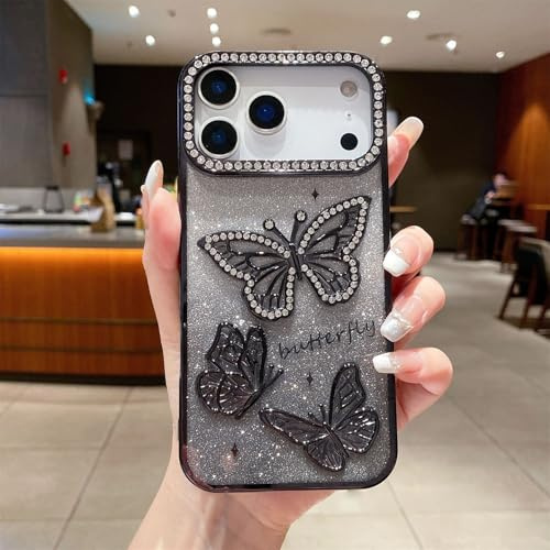 Rokmym Fodral kompatibelt med iPhone 17 söt 3D fjäril mobiltelefonfodral bling diamant glitter kamera skydd mjuk TPU stötfångare stötsäkert fodral skyddsfodral för iPhone 17, svart