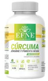 EFNE CURCUMINA FORTE – Cúrcuma + Jengibre + Pimienta Negra | 60 cápsulas veganas | Extracto de cúrcuma 95% curcumina + jengibre 5% gingeroles + piperina 95% | Sin gluten ni lactosa
