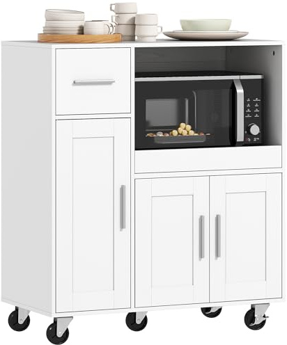 HOMCOM Mueble Auxiliar de Cocina con Ruedas, Aparador de Cocina para Microondas con Bandeja Deslizante, Cajón, 3 Puertas, Estante Ajustable y Orificio para Cables, para Salón, 80x40x88,7 cm, Blanco