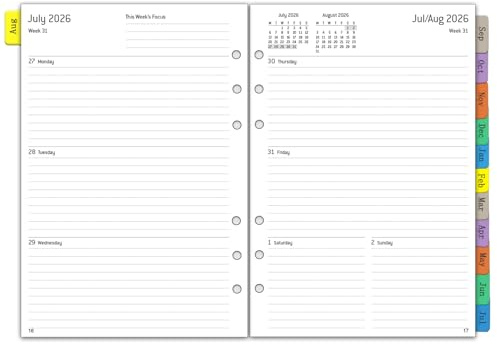 Planificador semanal 2026 2027, A5, 6 agujeros, 1 semana en 2 páginas con pestañas, notas, contacto, agosto de 2026 – julio 2027, papel de recambio 100 g/m², calendario 2026/27, organizador de