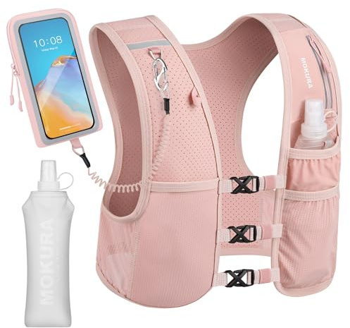 MOKURA Running Vest for Women Men, Reflective Hydration Vest with 500ML Soft Flask & Phone Holder, Lightweight Running Backpack, Adjustable Run Pack Water Bottle, Runner Hiking Essentials, Pink