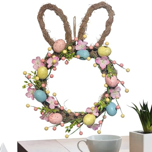 Corona De Pascua con Conejo para Puerta | Guirnalda Floral de Huevos Festivos Coloridos - Acento Festivo para el Hogar De Bienvenida Conejito | para Hogar Fiestas Decoración Ventana Patio Casa De