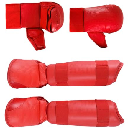 Kit d'équipement de Taekwondo avec Gants de karaté et protège-Tibias - Ensemble de Protection pour Sports de Combat et Arts Martiaux- Rouge XL