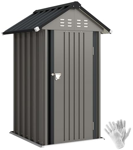 Outsunny Casetta per attrezzi in metallo, 1,17 m², con tetto a due falde, con guanti, 122 x 121 x 192 cm, resistente alle intemperie, per giardino, terrazza, cortile, grigio chiaro