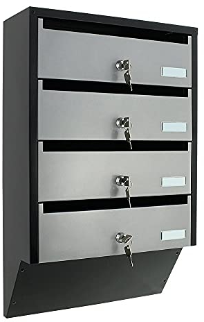 Profirst Cetiri Boîte aux Lettres Argent Noir Tôle d'acier Porte-nom Serrure à Cylindre 2 clés chacune HxLxP 600x385x140 mm pour 4 Parties Matériel de Fixation
