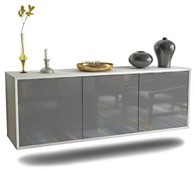 Lowboard Seattle hängend (136x47x35cm) Korpus weiß matt/Front Hochglanz Grau/Push-to-Open