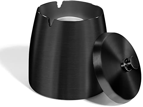Aschenbecher für Draussen Groß Aschenbecher mit Deckel Geruchsdicht Windaschenbecher Standaschenbecher für Draußen Edelstahl für Zigaretten Ashtray Sturmaschenbecher für Draußen & Innen, Schwarz (L)