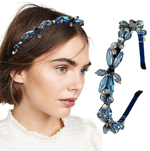 Firuilo Rhinestones Headband Sparkly Crystal Flower Hairbands Blue Beaded Headpieces Holiday Costume Hair Accessories for Women
