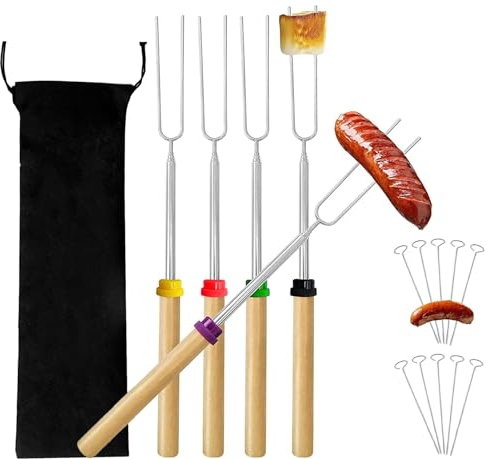 Grillspieße (31-81cm)+10 Stück Rouladennadeln,5 Stück Grillspieße Ausziehbar Edelstahl mit Holzgriff,Edelstahl Marshmallow,Teleskop Edelstahl Spieße für Grillpartys im Freien und im Garten